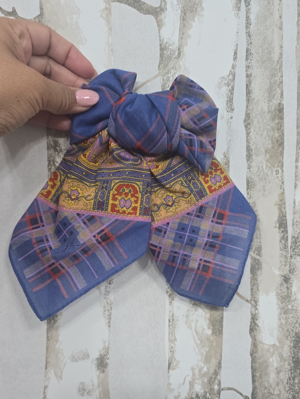 Yves Saint Laurent Blue Patterned Silk Scarf for Neck, Bag Scarf Or Hair Bow